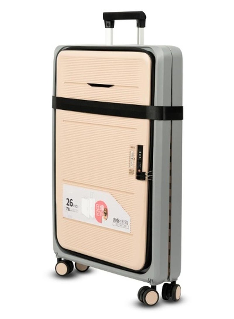 حقيبة سفر فاخرة بلاستيكية صلبة خفيفة وقابلة للطي بسهولة للرجال والنساء | حقيبة ترولي للسفر | ٨ عجلات | غير قابلة للكسر من مادة pp | قفل امان TSA | تصميم انيق و سهلة التخزين | لون بيج و رمادي | مقاس 26 بوصة - Image 1